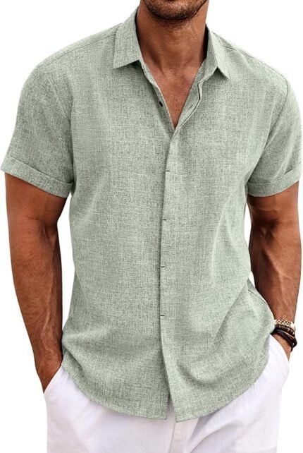 COOFANDY Men's Linen Shirt Short Sleeve Button Down Regular Fit Casual Shirt Summer Beach Linen Shirt